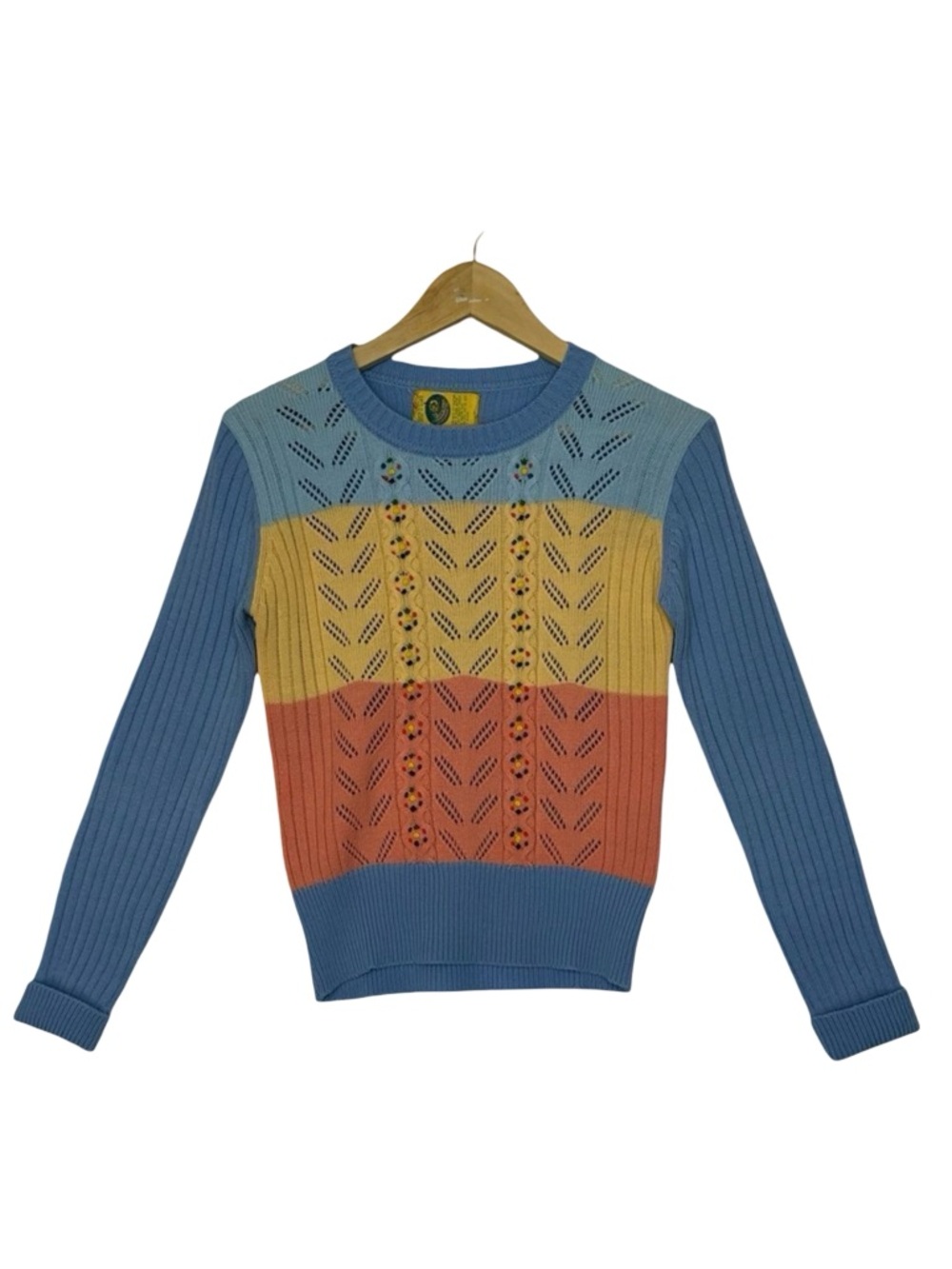 Vintage BEEWEAR Multi Stripe Blue Pink Yellow Knit Sweater Size XS